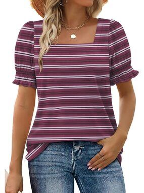 Women's Stripes Winered Square Neck Top Summer Casual Ruffle Trim Sleeve T Shirt